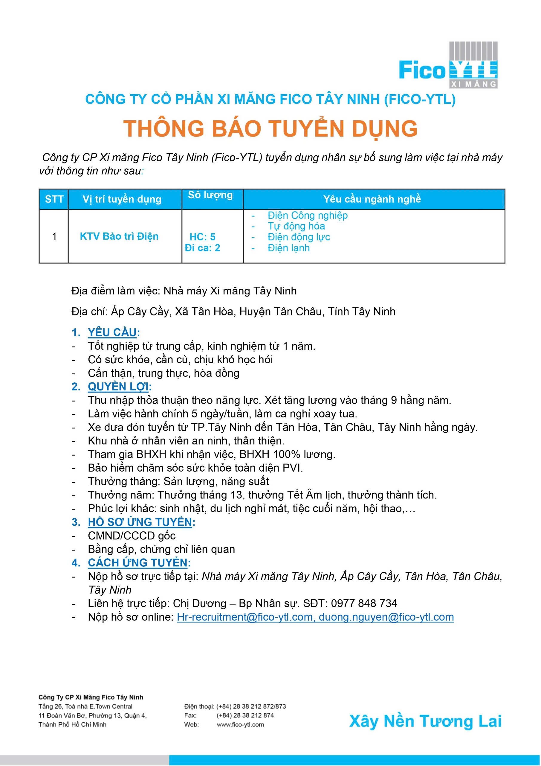 Cty CP Xi măng FICO Tây Ninh thông báo tuyển dụng